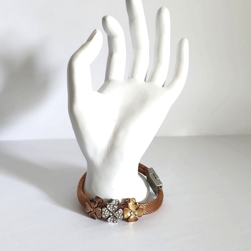 Rose Gold Tone Three Flower Magnetic Clasp Bracelet